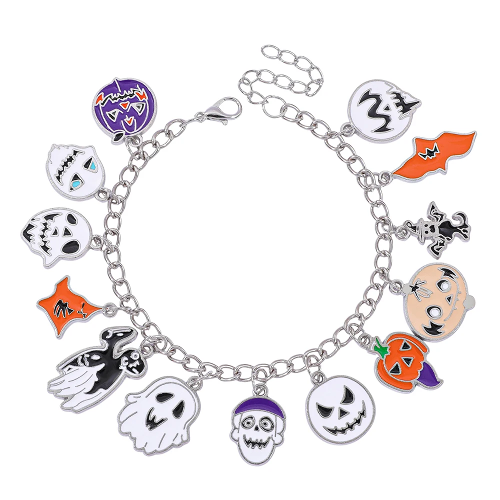 Halloween Charm Bangle, Zinc Alloy Enamel Pumpkin Ghost Bat Skull Charms, Silver Chain Trick Or Treat Accessory