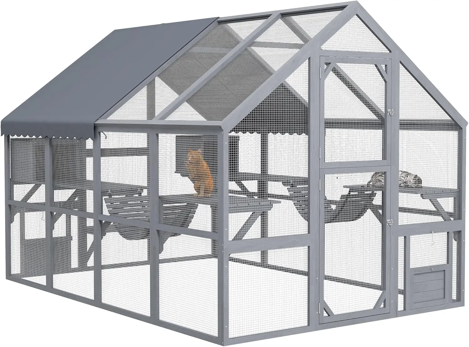 Pawhut 9.2' Catio, Outdoor Cat Enclosure House, Wooden Feral Cat Shelter With Condos, Uv And Waterproof Canopy, Suspension