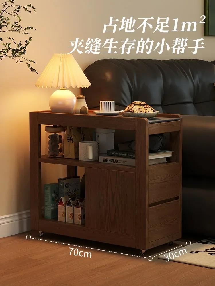 Medieval Solid Wood Cabinet Small Living Room Apartment Coffee Sofa Side Few Wheels Movable