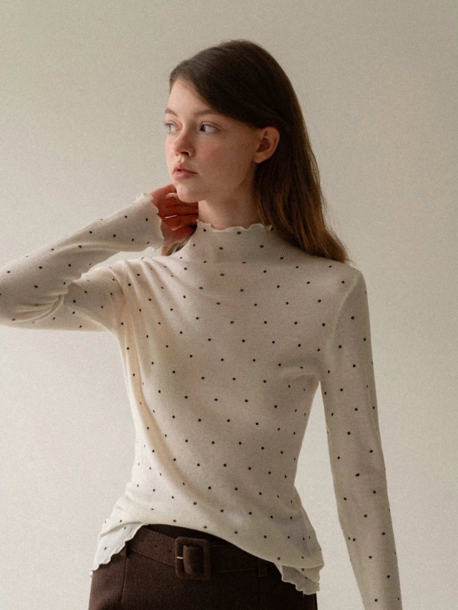 

Женская трикотажная кофта Eggka в корейском стиле с высоким воротником, в горошек, приталенная, с длинным рукавом, для повседневной носки и поездок на работу