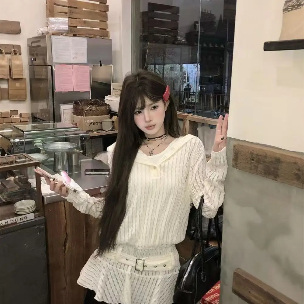 Sweet Pure Desire Elegant Casual Ropa Mujer Hoody Hollow Out Slim Waist T-shirt Ruffles Elegant Premium Minority Female