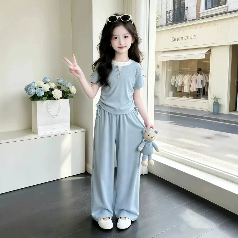 Summer Teenage Girls Clothes Set Children O-Neck Tshirt and Casual Wide-Leg Pants Suit Student Short Sleeve Top Bottom Outfits 4