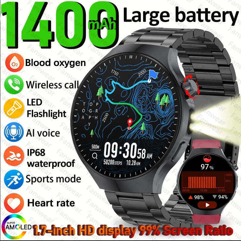Fanwear New smart watch men's 1.7-inch HD display 1400 mAh battery LED flashlight Bluetooth call Watch7pro150+ sports mode healt