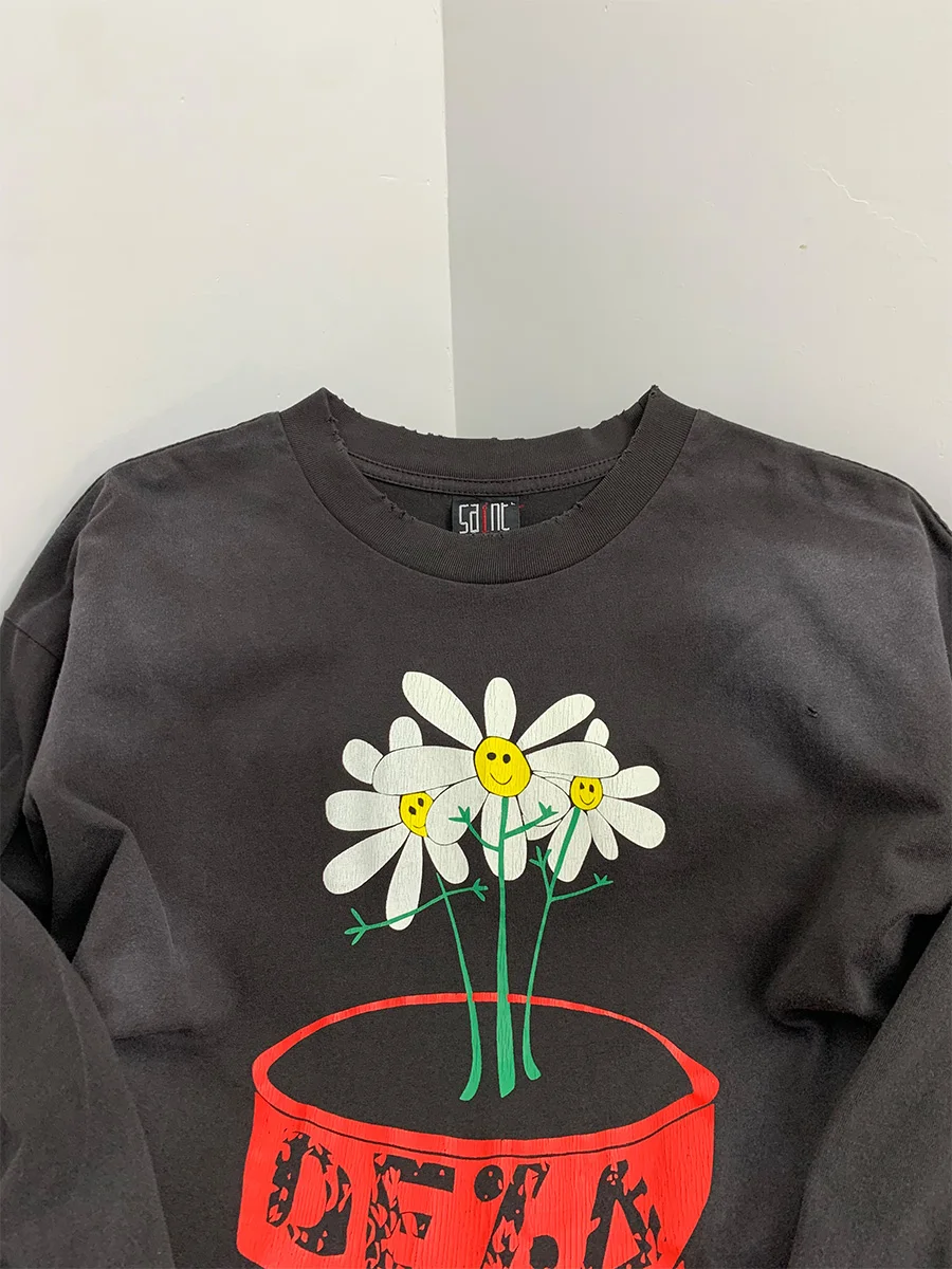 Washed American Retro Sunflower Crack Print Loose Long Sleeve Men's T-shirt Breathable Casual Style Cotton Autumn Top