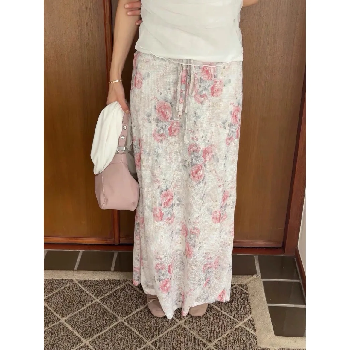 Romantic Floral Print Textured Half Skirt Women's Long Dress Autumn Winter New Style Vintage Oil Painting Style Bamboo Fiber