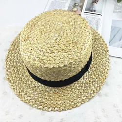 7cm Wide Brim Boater Cap Ribbon Round Flat Top Wheat Straw Hats Sun Beach hat Summer Women kentucky derby Hat Sombreros Mujer