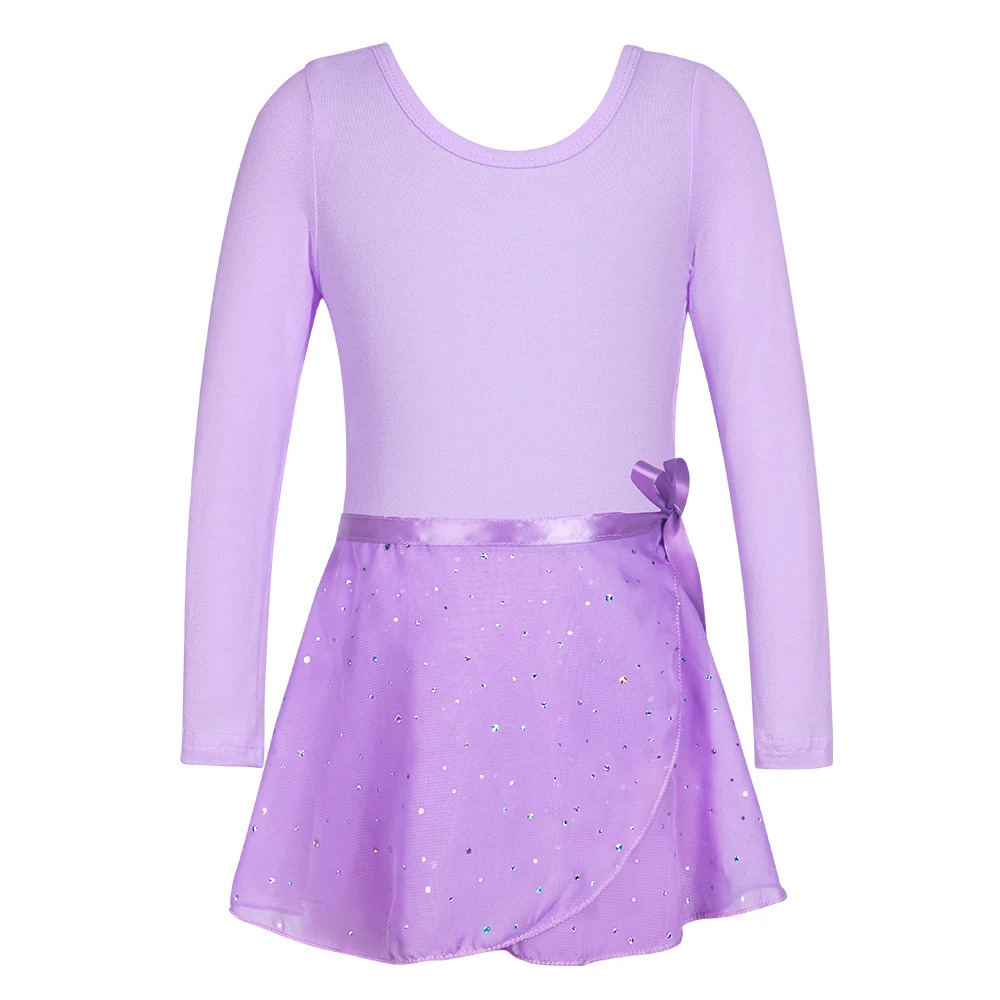 Little Girls Leotard Long Sleeves Ballet Dance Dresses Gymnastics Dancewear with Chiffon Tied Skirt Outfit Set Stage Costume