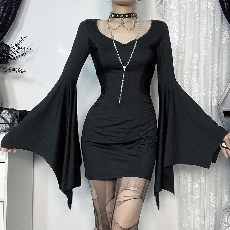 Adult Female Halloween Day of The Dead Cosplay Costume Witch Gothic Style Black Sexy Flared Sleeve Dress Theme Party Outfit