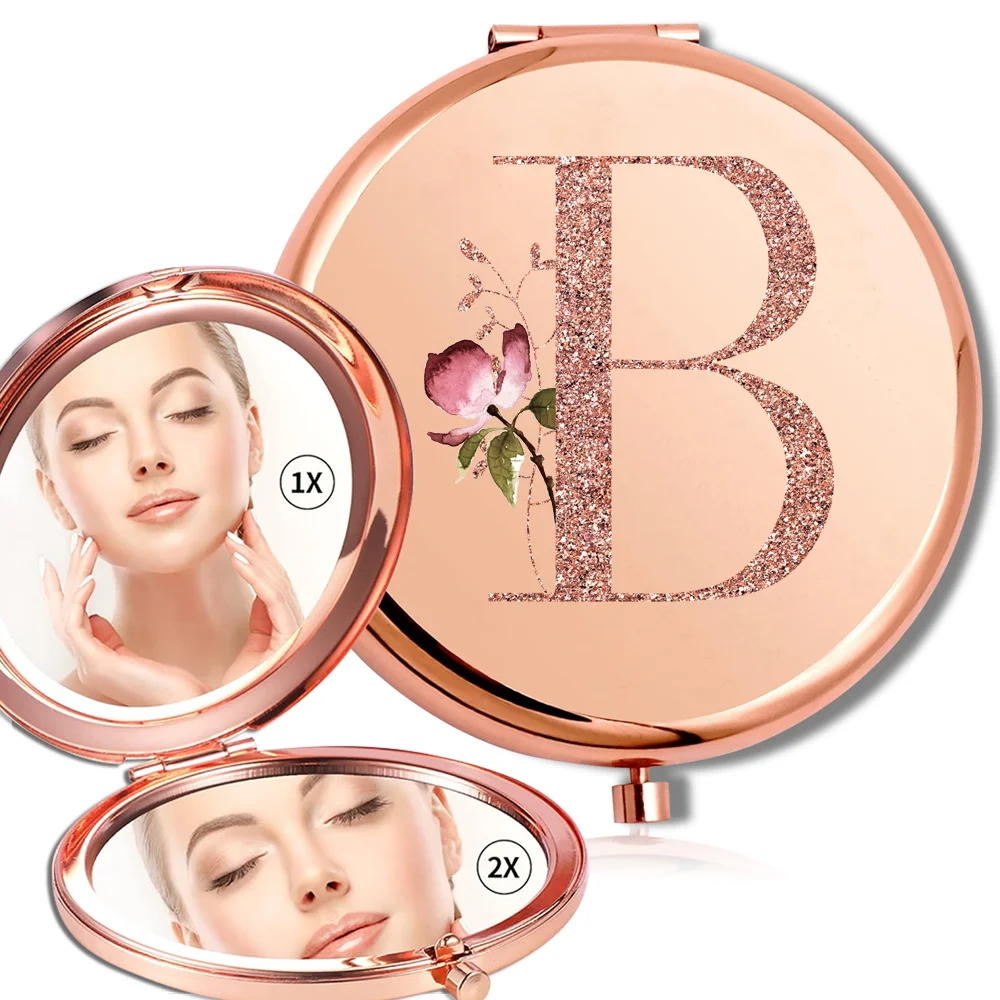 Magnifying Makeup Round Mirror Double Sided Metal Cosmetic Portable Look Glass Compact Handheld Mirror Rose Gold Letter Pattern