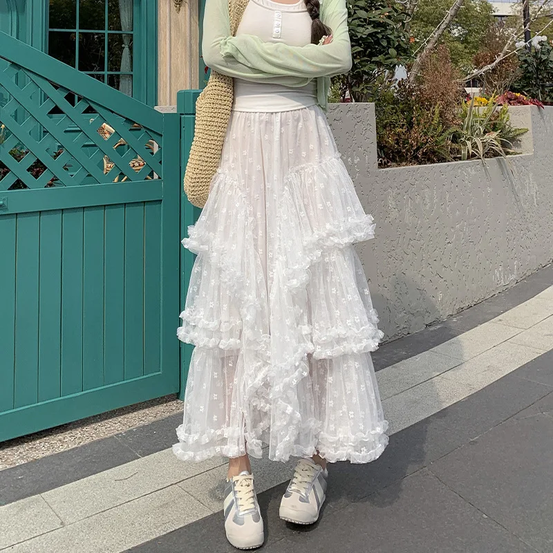 กระโปรง Midi ตาข่ายสีขาวสําหรับผู้หญิงสายเอวสูงกระโปรง Tulle ชั้นบาน