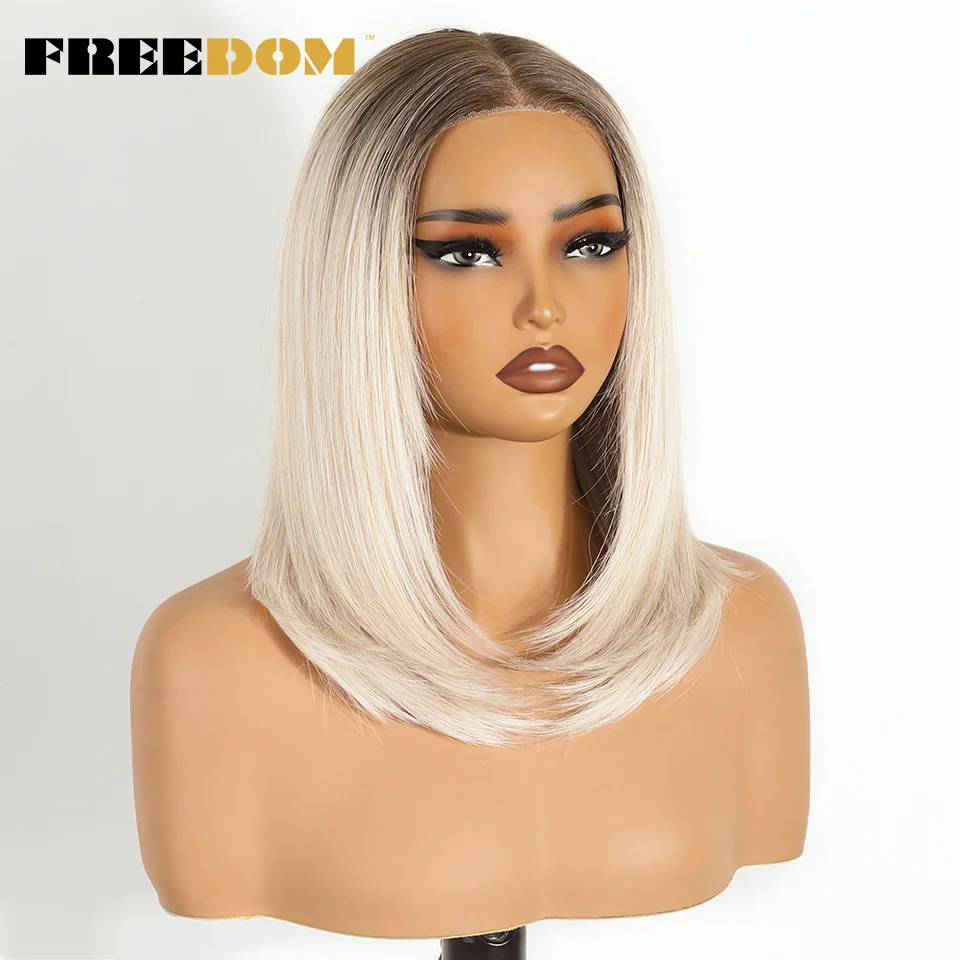 FREIHEIT Synthetische Lace-Front-Perücken für Frauen, kurzer Bob, geschichtet, gerade, 6 x 4, Wear And Go, leimlose Perücke, Ombre, vorgezupfte Spitzenperücken – Detail 3