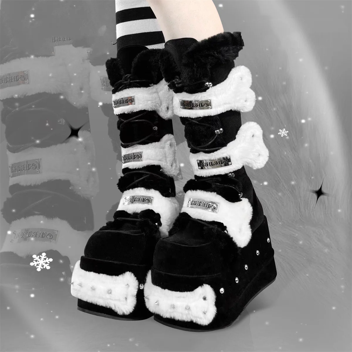 Winter Sweet Cute Girls Shoes Warm Fluffy Bones  Metal Alphabet Rivet Lacing Strap Round Head Thick Bottom 10cm Leisure Boots