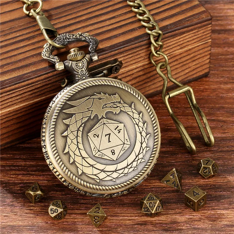 

Antique Carved Dragon Pocket Watch Case Pendant FOB Chain 7pcs Metal Polyhedral Dice Role Play Gaming Accessory Dices