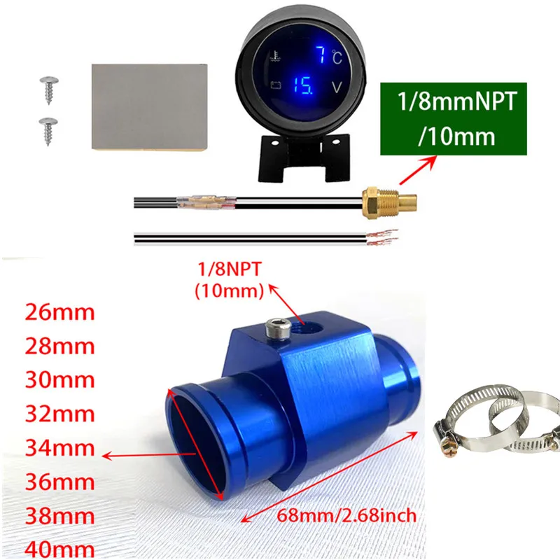 Automobile Circular Temperature Voltage 2-in-1 Temperature Sensor Table 1/8NPT Water Temperature Gauge Temperature Sensor 12/24V