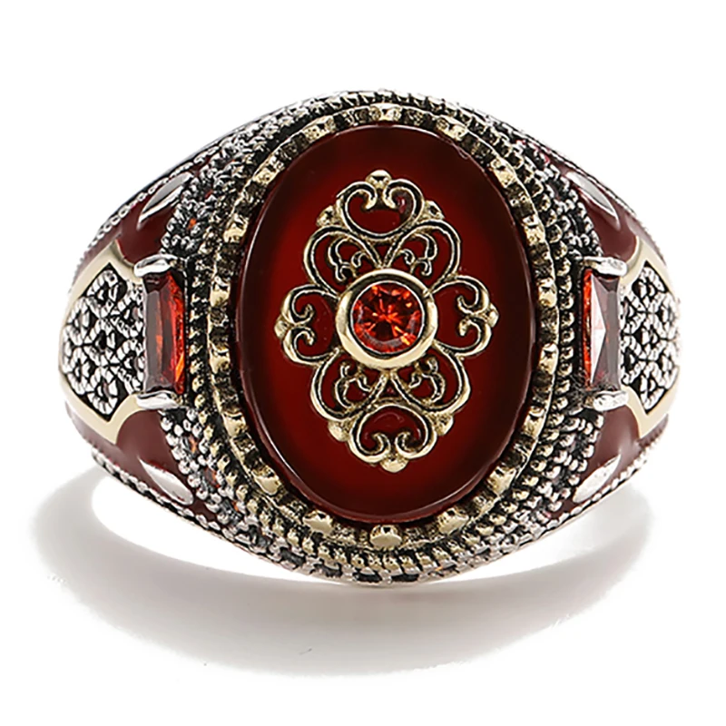 Retro Silver Color Turkish Handmade Crown Men Rings Vintage Carved Eagle Pattern Red Zircon Stone Rings 2021 Punk Muslim Jewelry