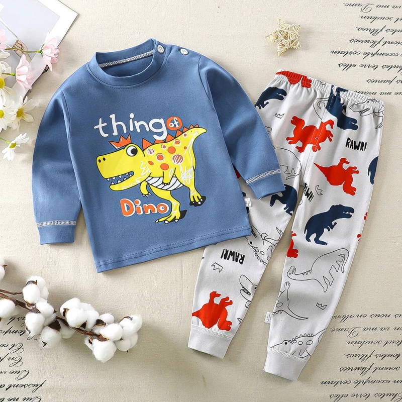 Girls Boys Pajamas Set Cartoon Dinosaur Print Autumn Winter Long Sleeved Children\'s Sleepwear Korean Version Kids Home Clothes