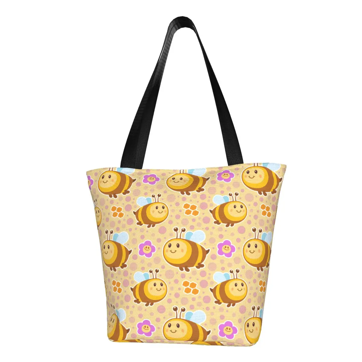 

Custom Cute Bee Flower Pattern Grocery Shopping Tote Bag Women Kawaii Canvas Shoulder Shopper Bag Large Capacity Handbag