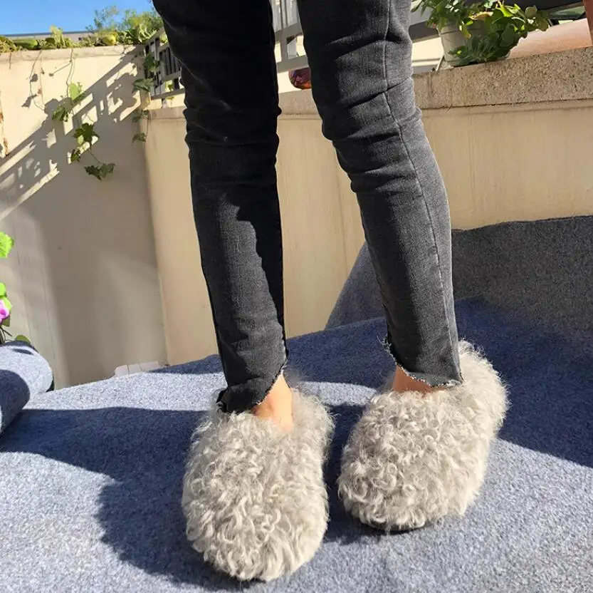 New Curly Lamb wool fur flat Loafer Warm Winter Fluffy Fur Shoes Cozy Slip on Flat casual shoes