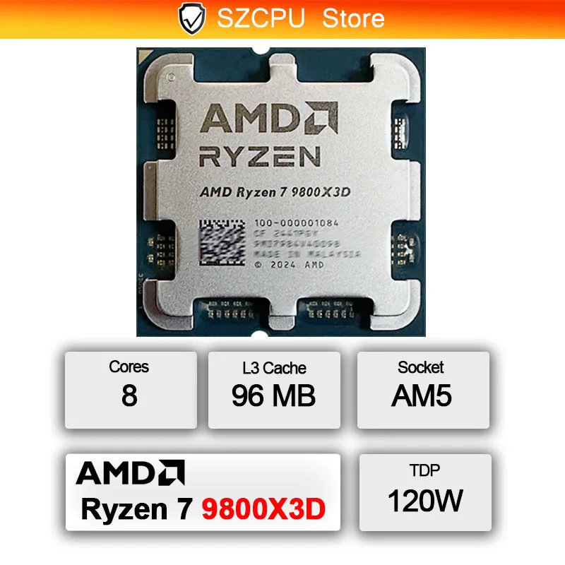 Nouveau processeur AMD Ryzen 7 9800X3D, 8 cœurs/16 threads, 120 W, jusqu'à 5,2 GHz, L3=96 Mo, socket AM5, sans dissipateur