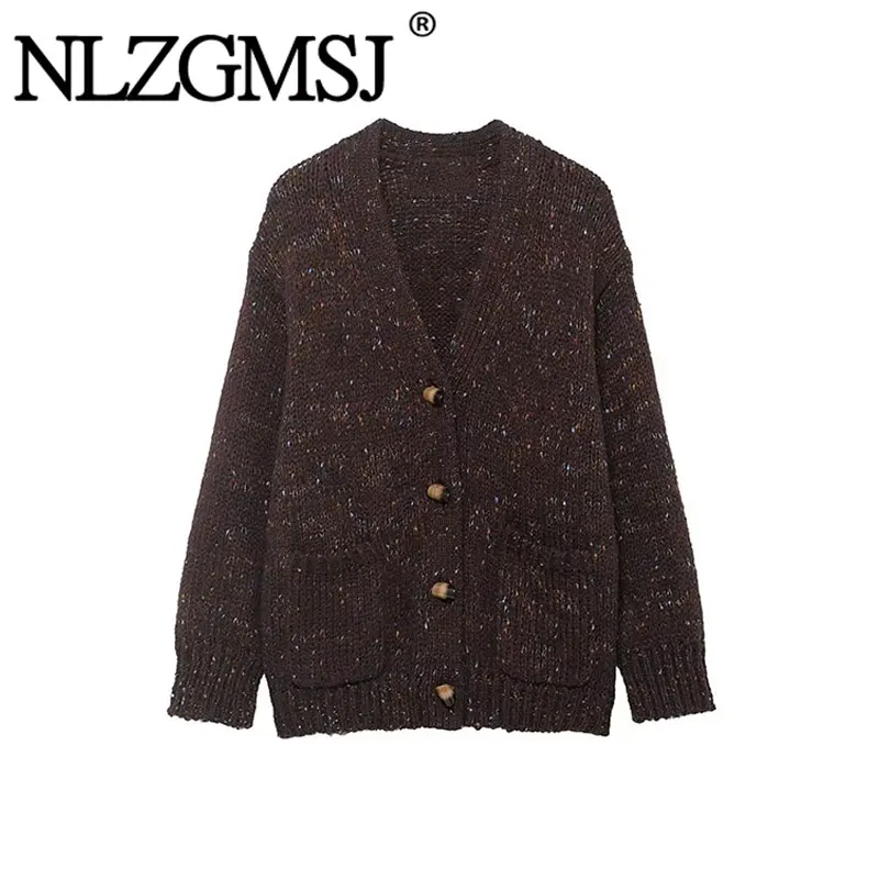 Nlzgmsj 2025 Autumn Winter New Women Fashion Brown Knitted Cardigans Long Sleeve Button V-Neck Sweater Cardigan  Y2k