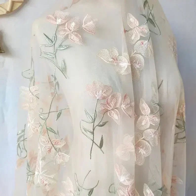 Hermosa tela de encaje floral, tela de tul con bordado de flores de color albaricoque para vestido de niña, vestido tutú, vestido de novia, velo nupcial, 1 yarda