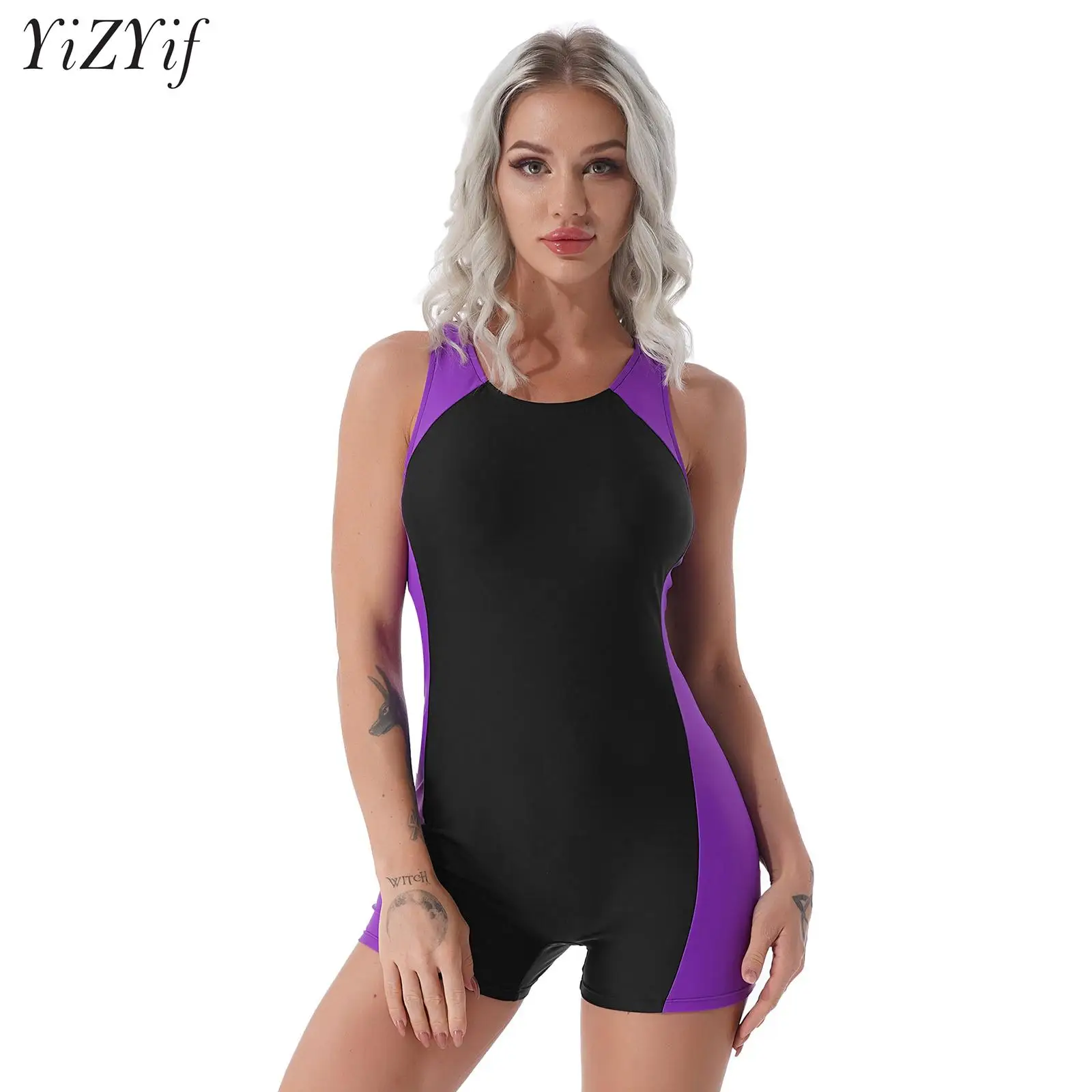 Womens Boyleg One Piece Crisis Cross Back Athletic Swimsuits Sport Lap Swimwear Bathing Suit Swimming Surfing Diving Sunsuits