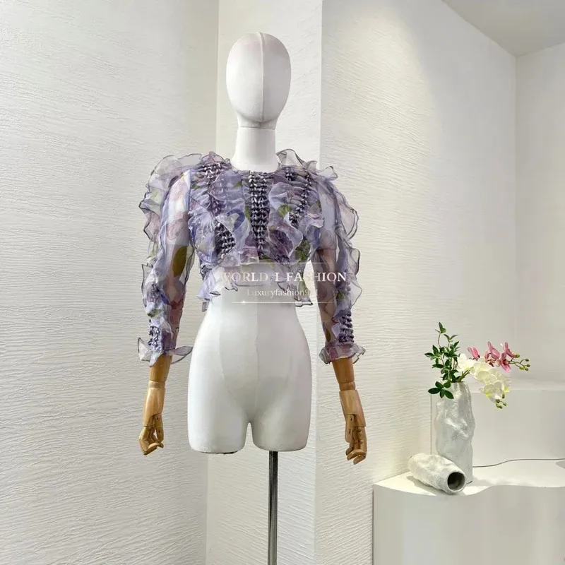 

Blouse Tops and Skirt Women Outfit Pure Silk High Quality 2025 New Cropped Top Braid Violet Purple Color Floral Print Ruffles