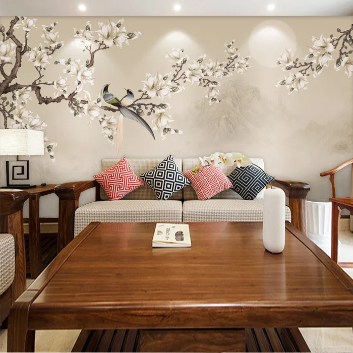 Customized Hand-Painted magnolia with birds paintings/Wallpaper Bedroom/Living/study/Dinning Room Sofa/TV backing wallcovering