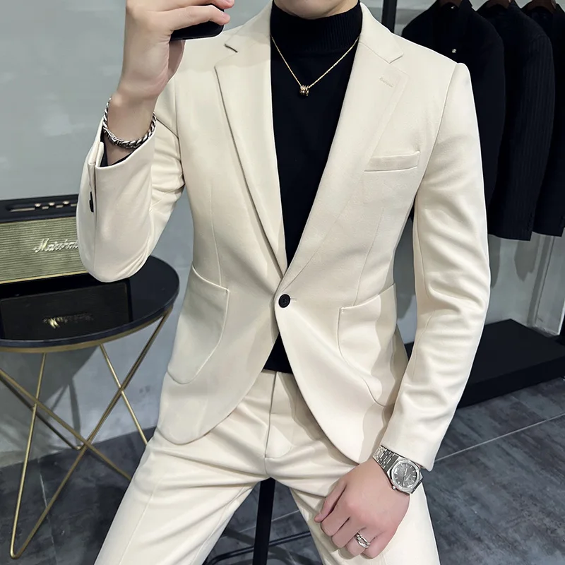 

Men's Suit Jacket Autumn Slim Fit One Button Blazer Fashion New Formal England Male Plaid Dress Jacket+Trousers 2 Pieces Set