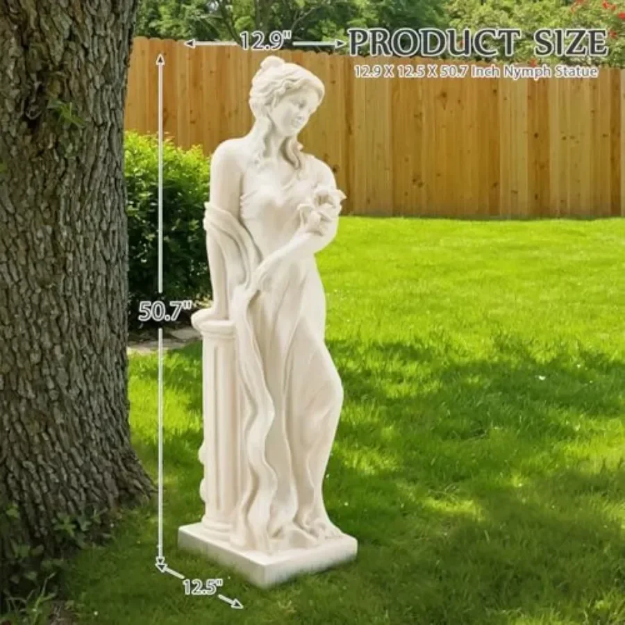 51 Nymph Garden Statue, Roman Goddess Sculpture for Outdoor Decor: Cast Stone, White, Weather-Resistant Finish