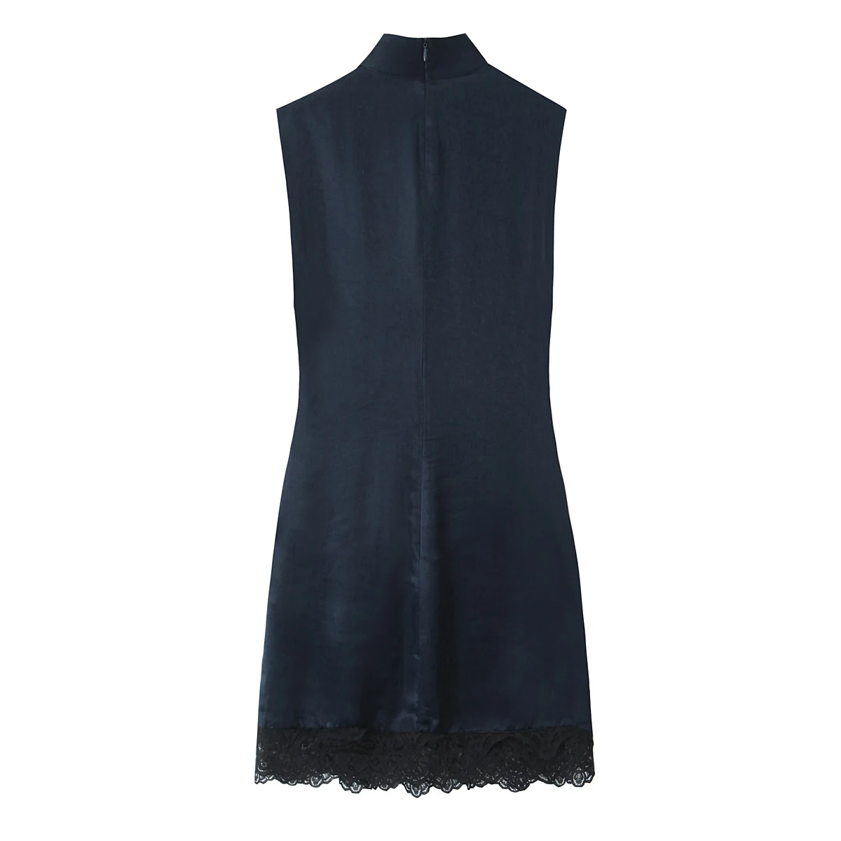 Women Lace Hem Dark Blue Satin Dress Sleeveless Ruched Mini Dresses