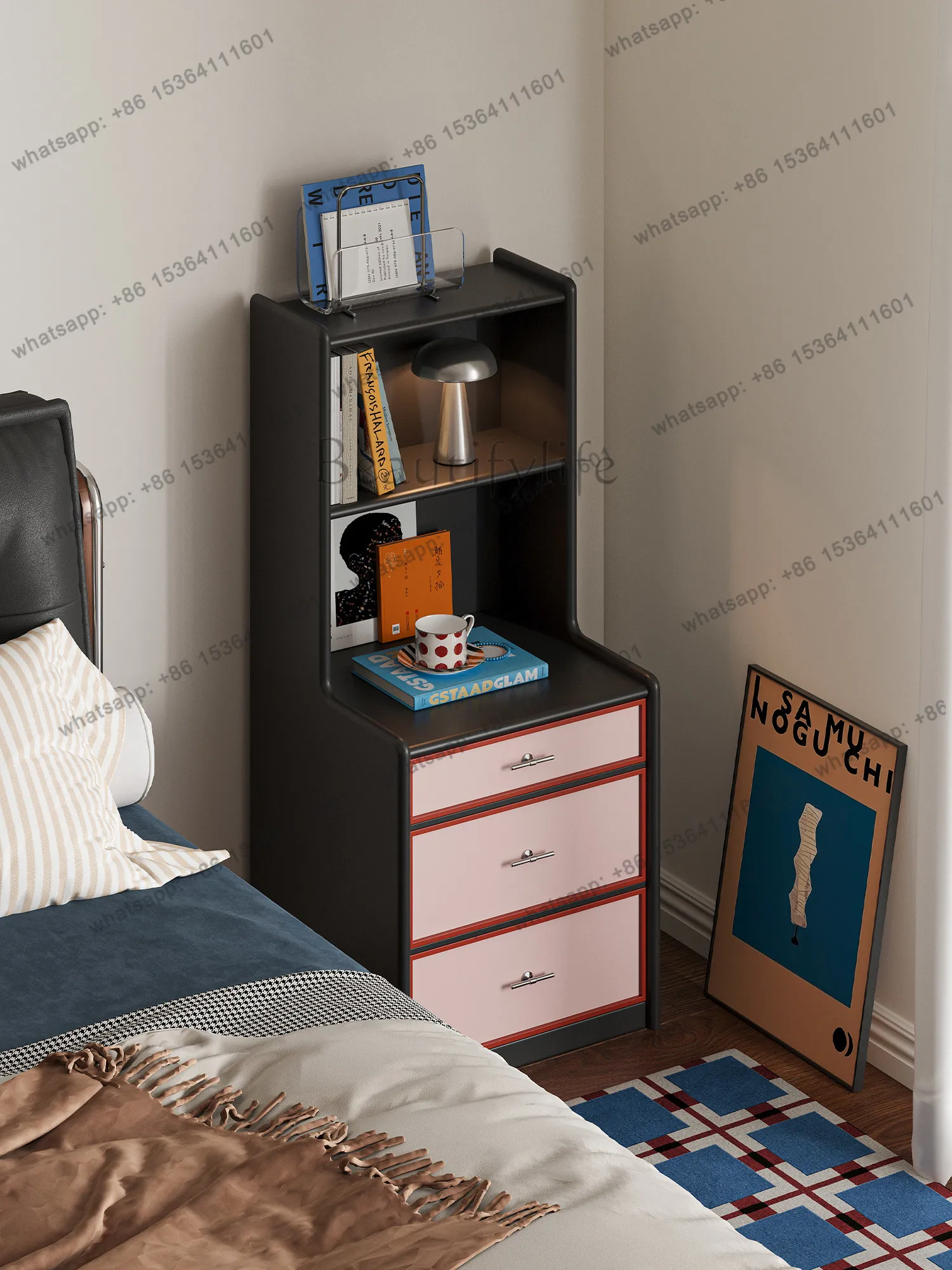 LD simple modern bedroom multi-functional storage bookcase pink and black contrasting color integrated locker