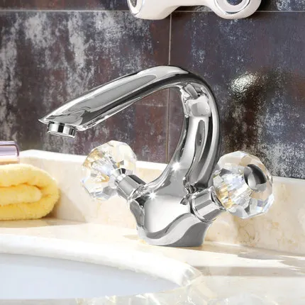 Luxury Double Crystal Glass Handle Gold Bathroom Lavatory Basin Sink Mixer Tap Hot And Cold Water Tap Brass Valve Chrome Faucet