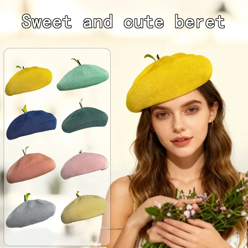 1pc，Cute Knit Beret with Fruit Leaf Detail Sweet Daily Fashion Headwear.
