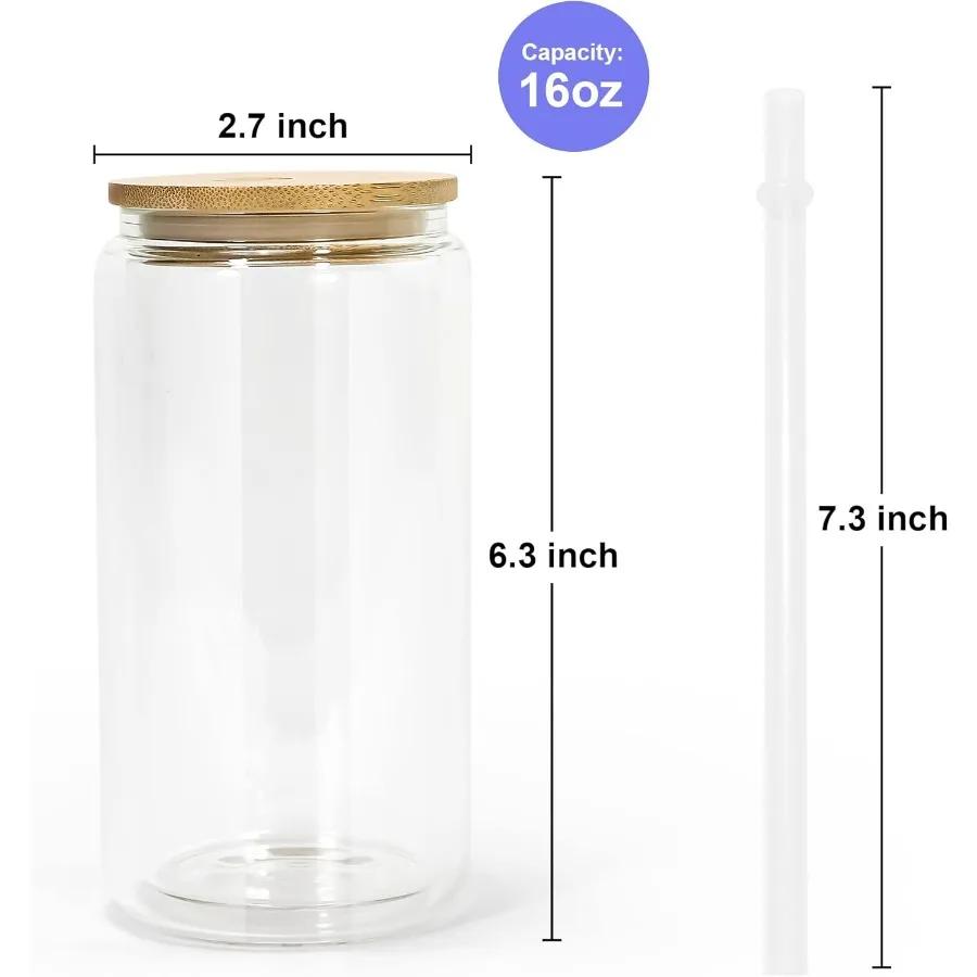 زجاج كرة الثلج التسامي سعة 16 أونصة مع أغطية من الخيزران وقش، 25 عبوة من نظارات علب البيرة ذات الجدار المزدوج، بو المحفور مسبقًا