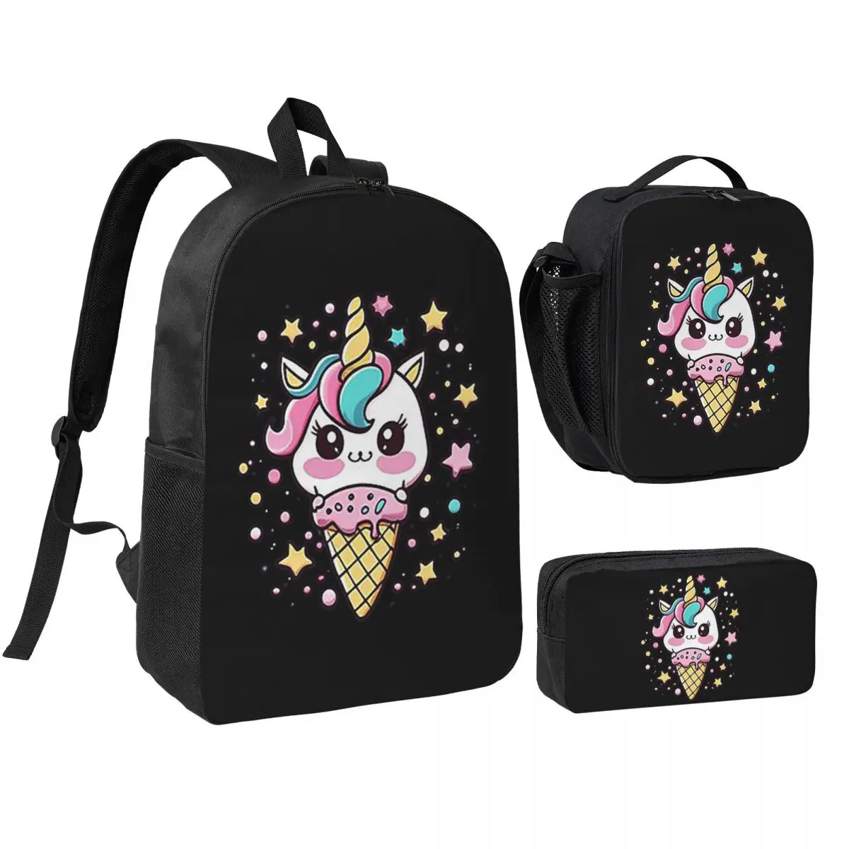 Ice Cream Unicorn Backpack Student BookBag School Bag Shoulder Bags 3ps Insulated Lunch Bag Pencil Case