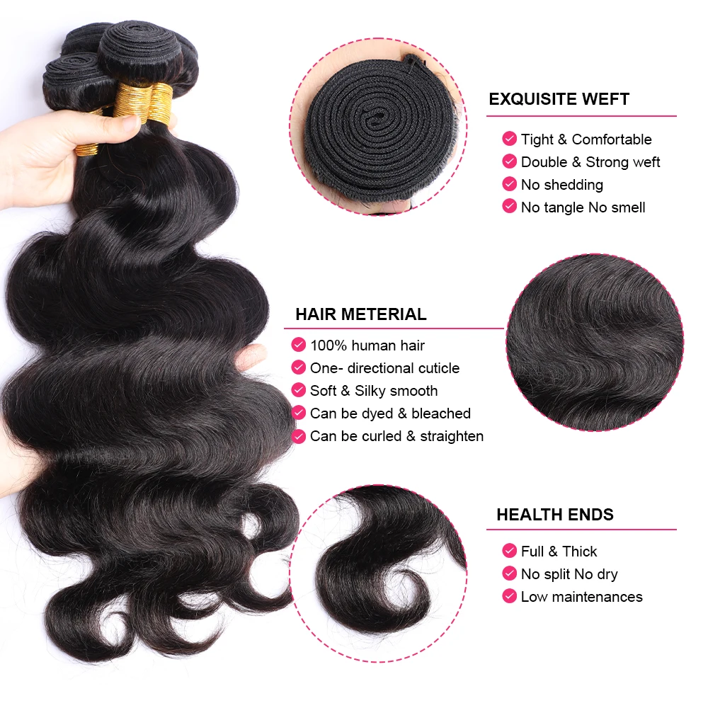 Megeen capelli brasiliani 30 pollici Remy estensioni dei capelli umani onda del corpo 1/3/4 fasci di capelli doppia trama tessuto capelli per le donne 1b nero