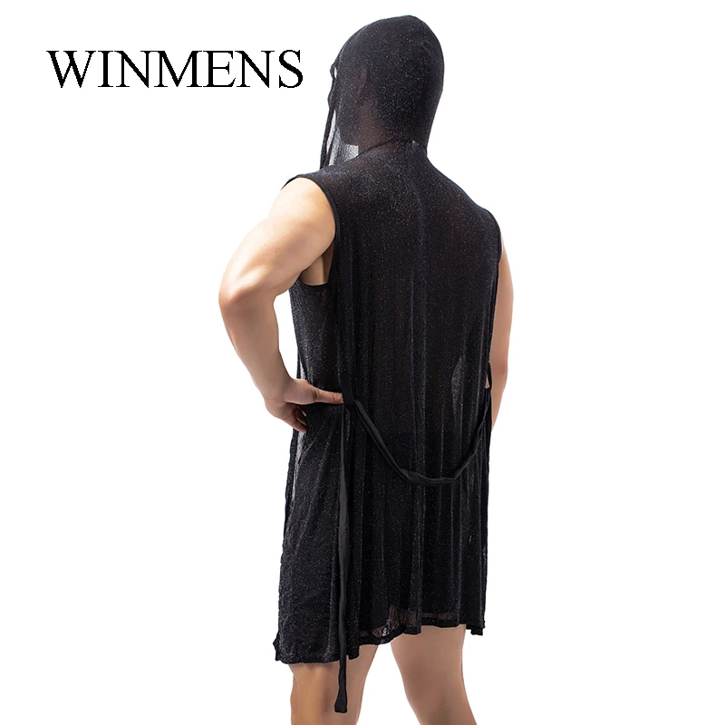 Adult Men\'s Pajamas One Piece Solid Sequins Male Sexy See Through Hooded Bathrobe Mesh Breathable Night Gowns Summer Sleepwear