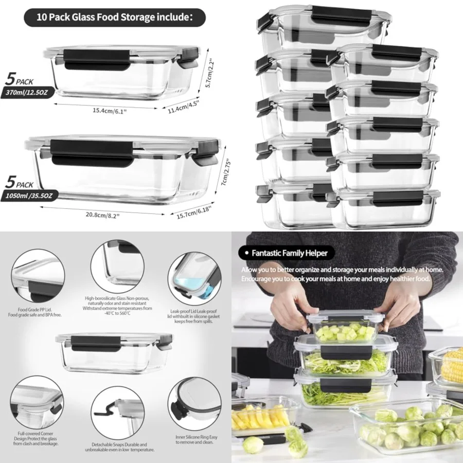 

Glass Food Storage Containers with Lids Airtight, Glass Meal Prep Containers with Snap Lids for Food, Bpa-free, Easy to Openand
