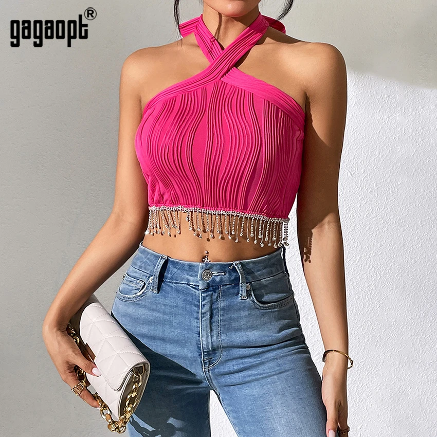 Gagaopt Rose Red Sexy Tank Top for Women Rhinestone Tassel Ribbed Knit Streetwear Aesthetic Clothing Female Crop Top