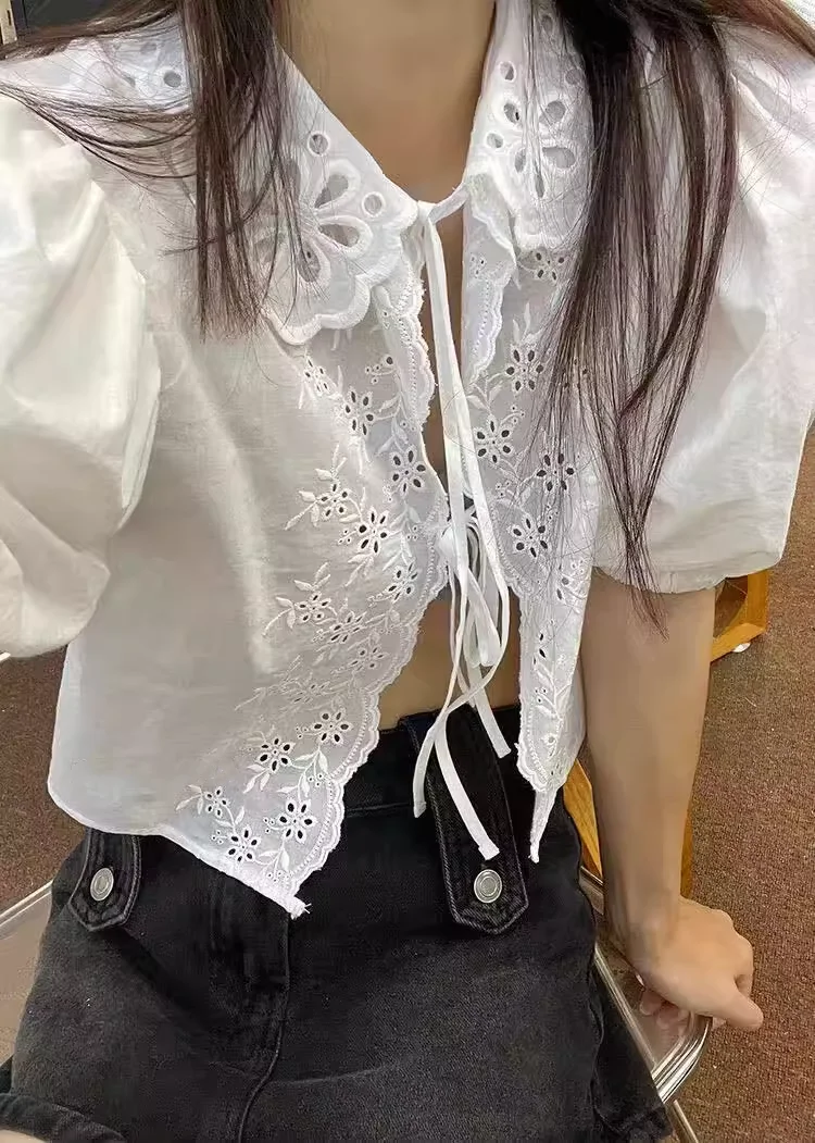 

Women Embroidery Hollow Out Blouse Lace Spliced Peter Pan Collar Puff Sleeve Casual Female Cotton Shirt