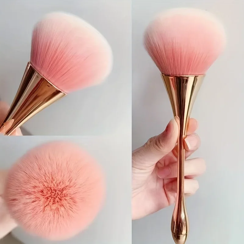 Pincel de Maquiagem em Forma de Leque Dourado Rosa, Pincel Cosmético para Pó Solto, Pincel para Iluminador e Blush - Cerdas Macias para Fixação de Maquiagem