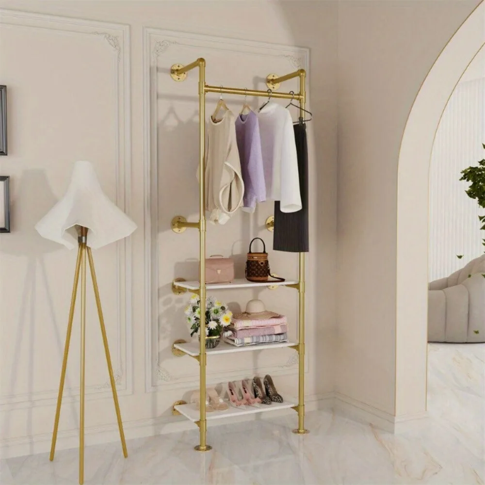 

Heavy Pipe Clothes Rack Walk-in Closet Storage Garment Hanging Shelf Gold White
