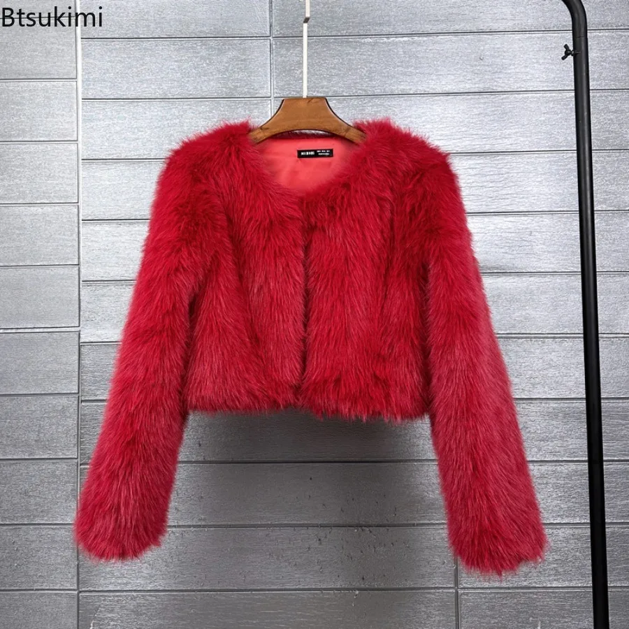 Chaqueta de piel sintética a la moda 2025, abrigo de piel supercorto de cintura alta para mujer, ropa de calle de otoño e invierno, prendas de vestir exteriores para mujer, Tops informales con cuello redondo