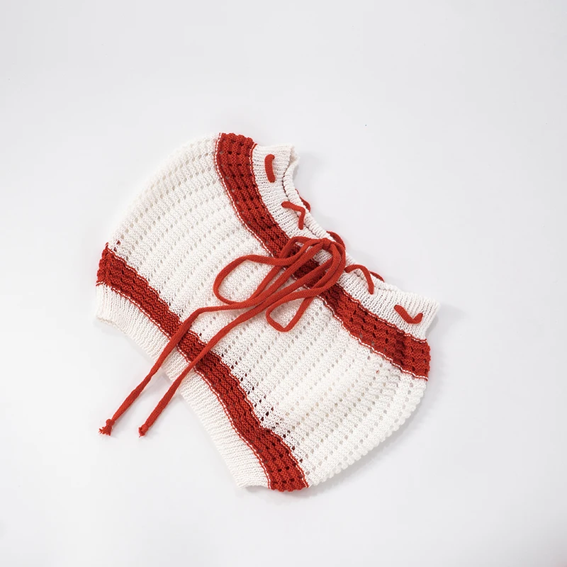 CUTENOVA Damen-Set aus Wolle, gestrickt, mit Kordelzug, Krawatte, kontrastierende Farbe, Streifen, trägerlos, aushöhlen, Tank-Top + dünne Shorts, zweiteiliges Set