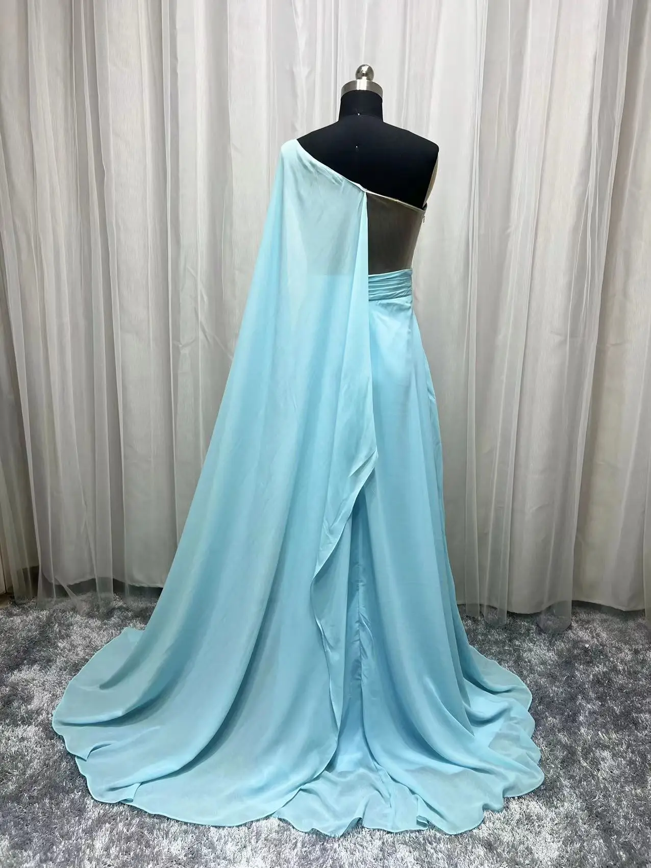 Vestido plisado de gasa para madre de novia, traje largo de un hombro, color azul claro, con foto Real, estilo árabe saudita, para fiesta de graduación y boda