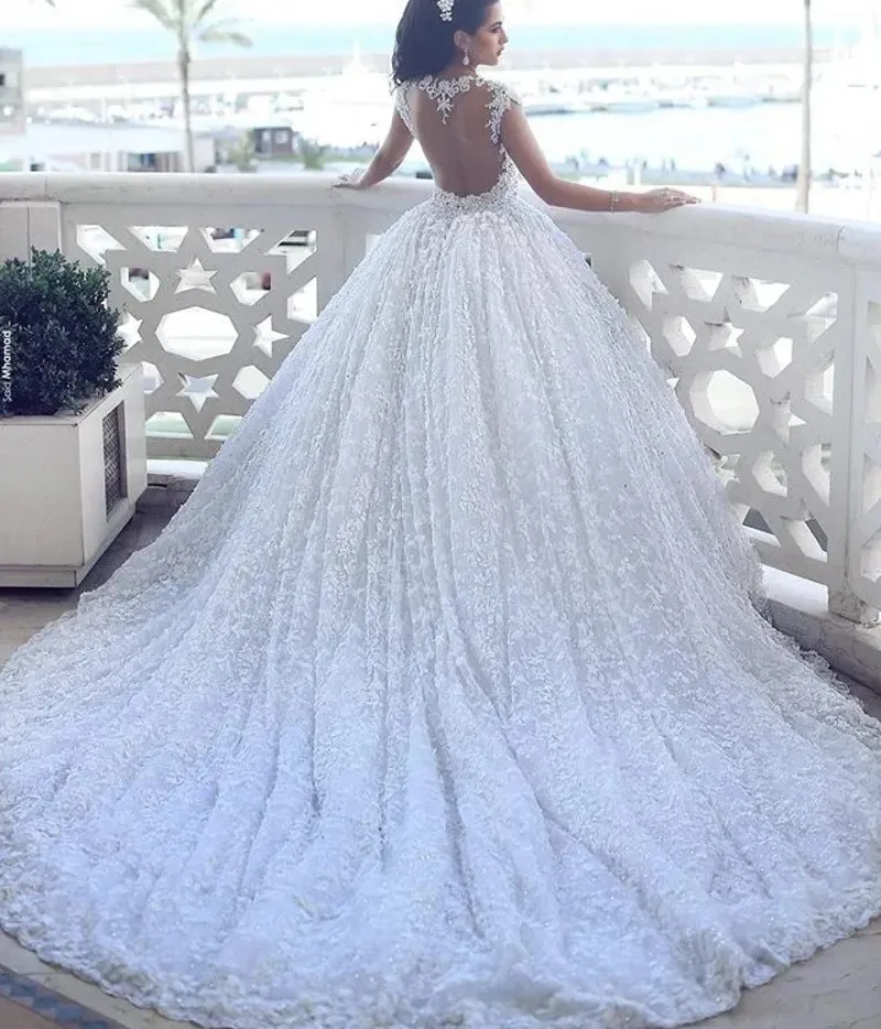 Luxury Puffy Illusion Back Wedding Dress Sweetheart Cap Sleeves Beaded Lace Appliques Bridal Gown Arabic Vestidos De Novia