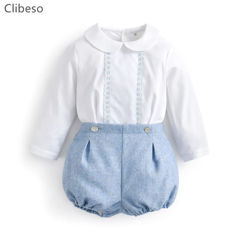 Terno espanhol de manga comprida infantil, camisas de algodão branco, calções azuis, criança boutique, roupa de aniversário para meninos, 2 peças