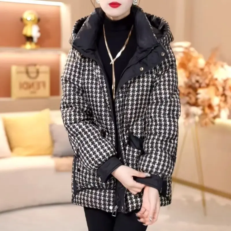 Women's Autumn Winter Top Coat Cotton Coat Houndstooth Middle-aged and Elderly Retro Simple Comfortable Casual Soft Niche Skinny