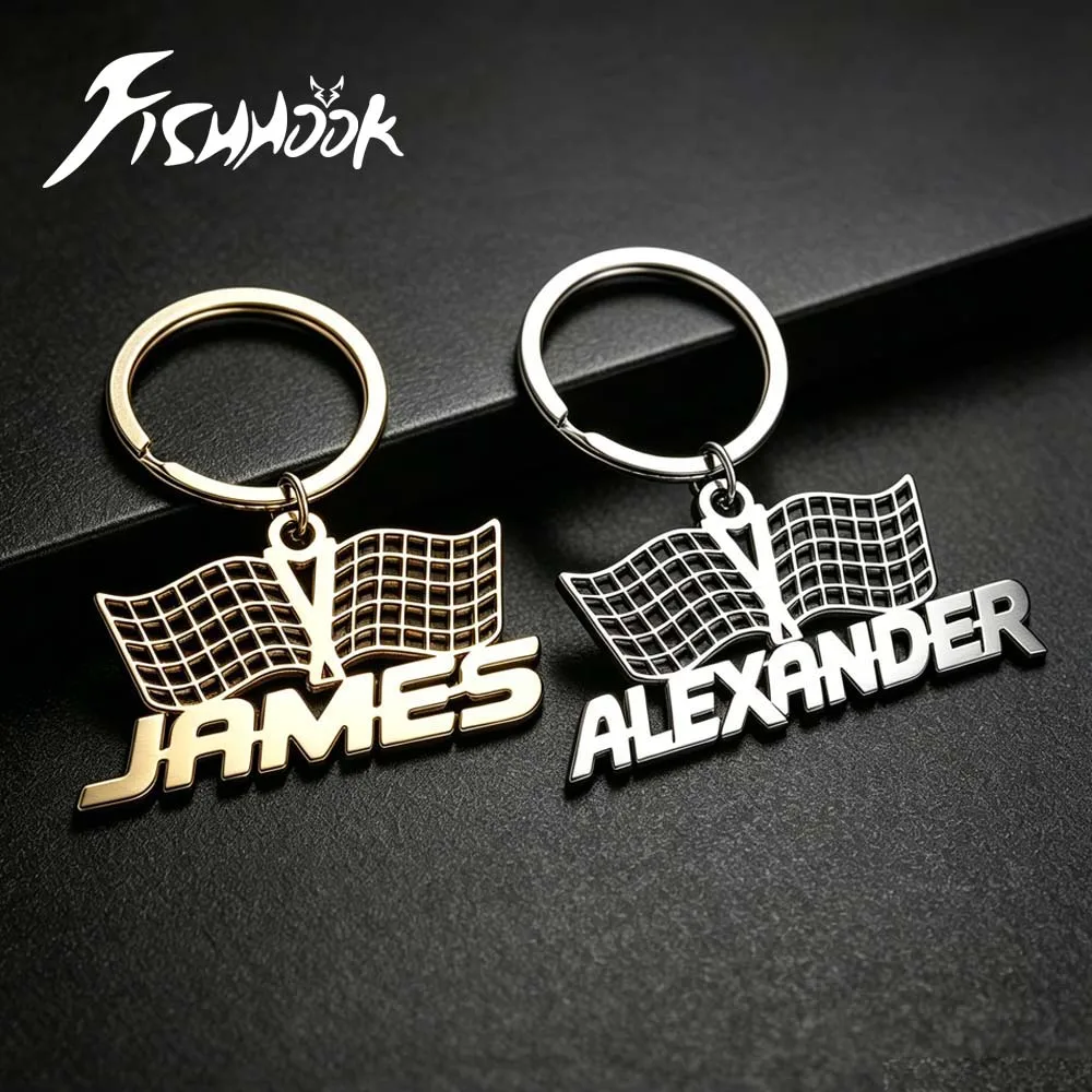 Speed Race Checkered Racing Flag Personalized Keychain Custom Name Bag Charm Key Ring Gift For Men Women Stainless Steel Jewelry